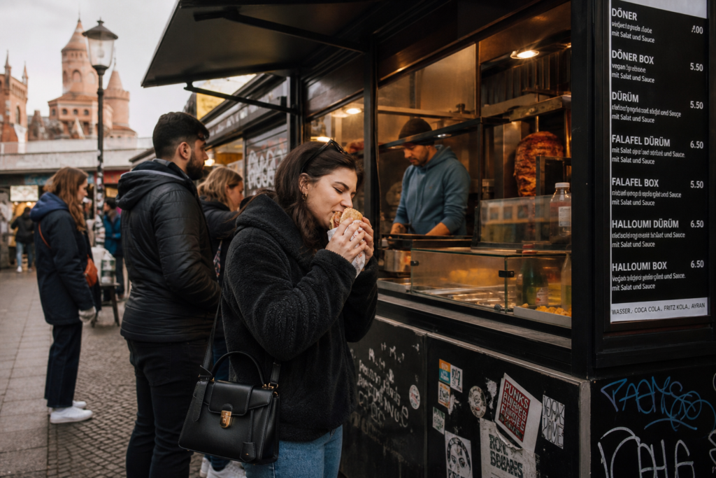 kvinde spiser mad på street food marked i berlin